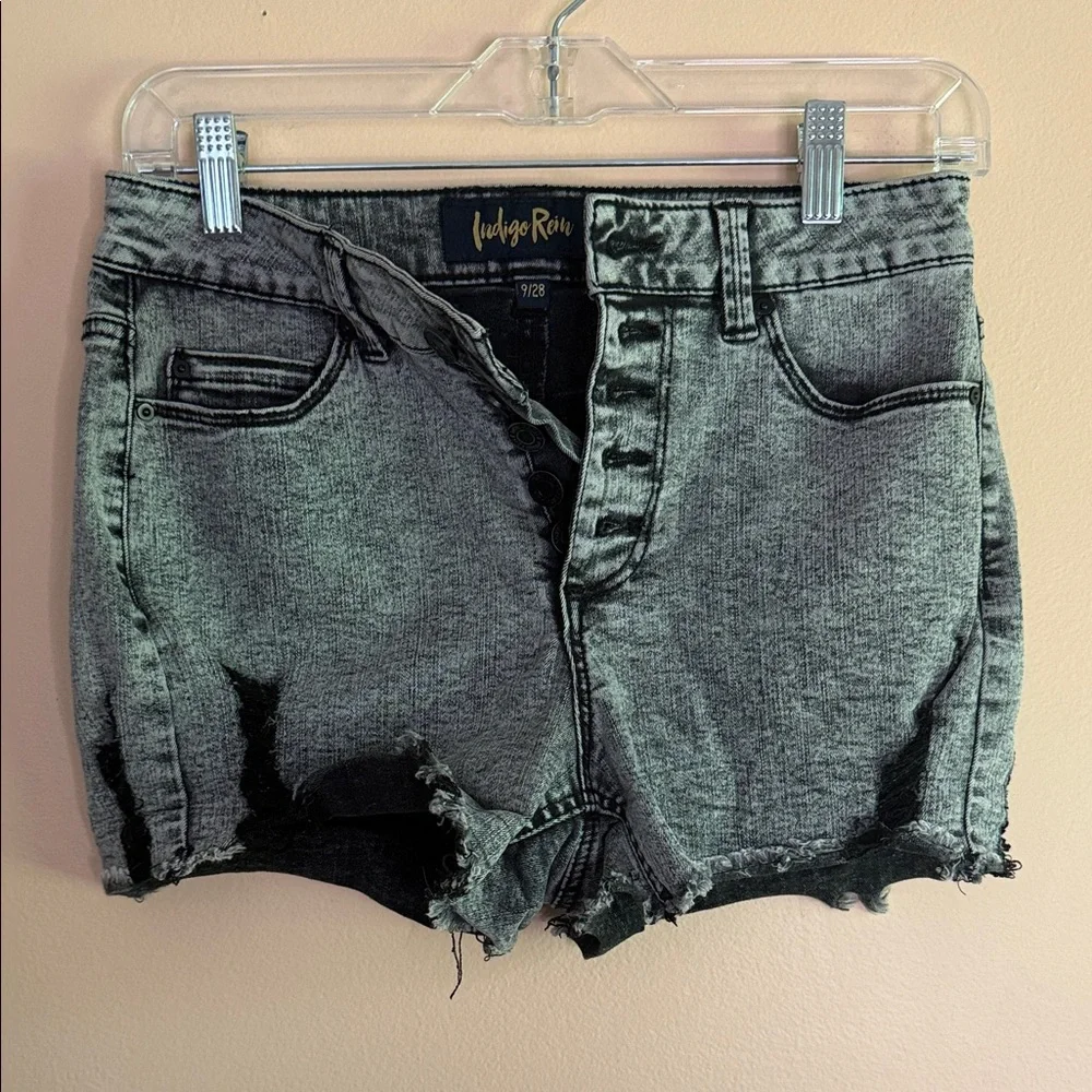 Indigo Rein Acid Wash Black Gray Distressed High-Rise Jean Shorts